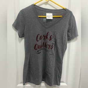 Corks Are For Quitters Wine V Neck Tee Gray Women’s Size Medium NWT